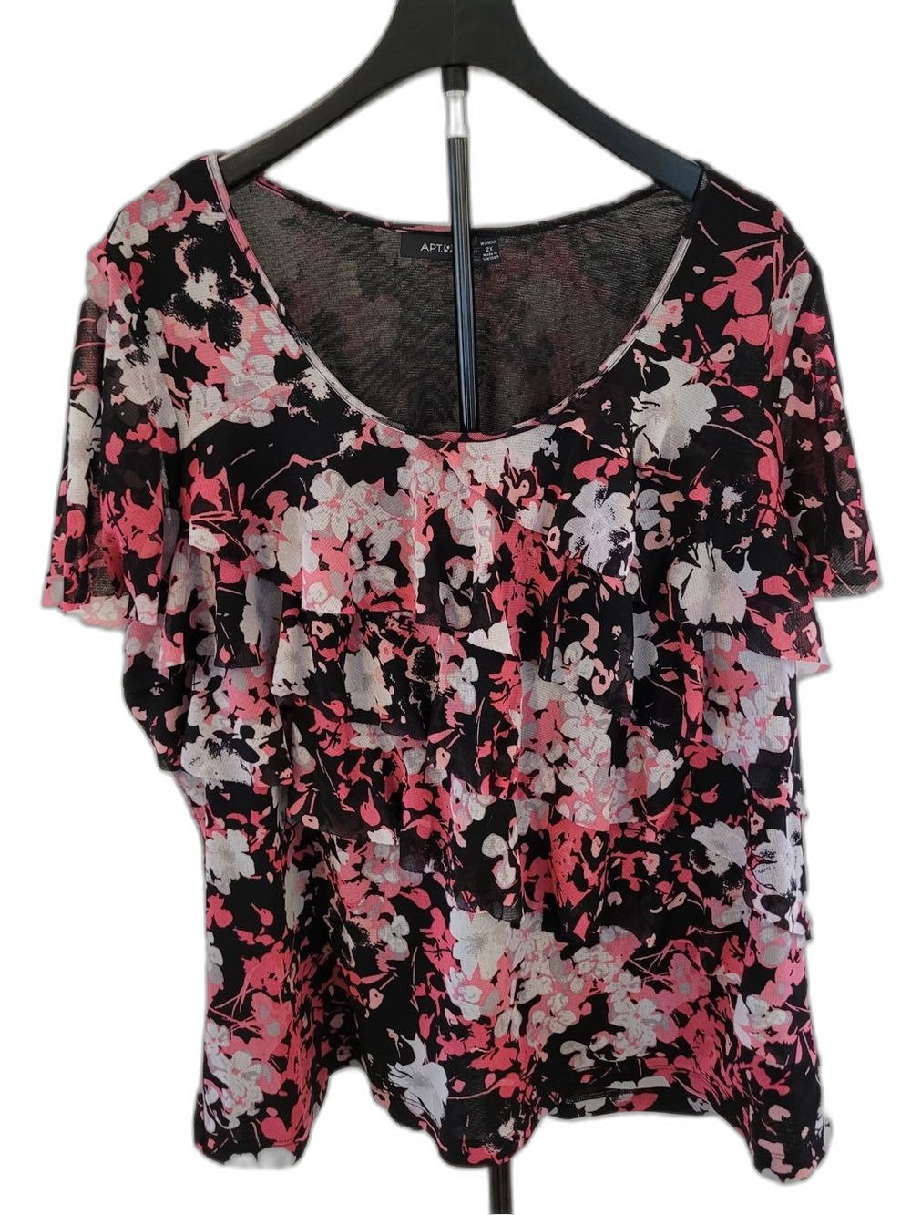 APT 9 Women’s 2X Floral Print Flutter Sleeve Blouse Black Pink Coral Top